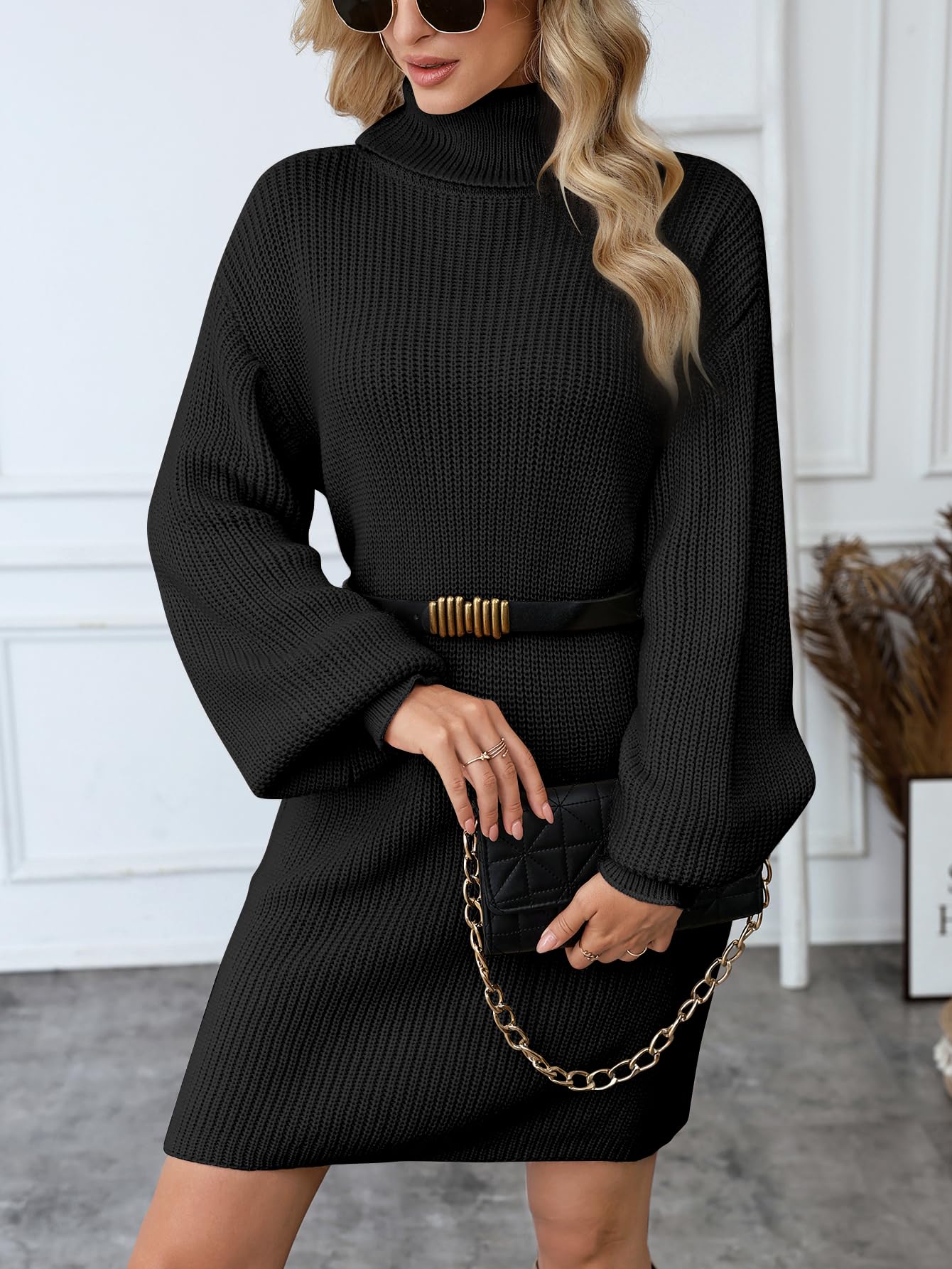 Robe Femme Col Roulé - Robe Pull Hiver Montant Manche Longue Tricot - Pull Élégante en Chaud Casual Dress Élastique Saison Automne-Hiver 2025