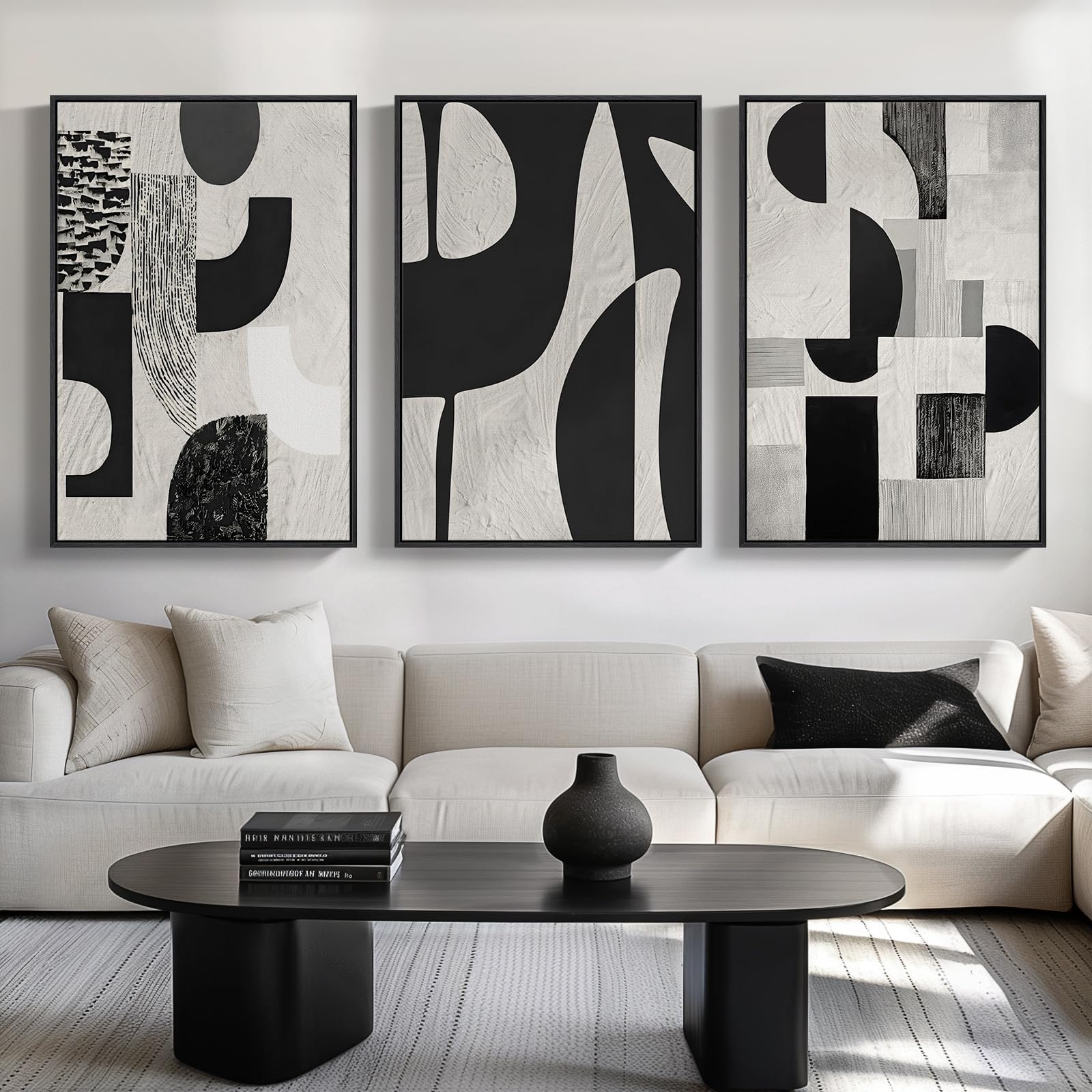 Large Framed Black and White Abstract Wall Art for Living Room, 3 Piece Modern Canvas Prints Paintings Artwork for Walls, Minimalist Geometric Pictures for Entryway Hallway Office Wall Decor 24x36 In