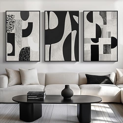 Miniatura 9 de Arte de pared abstracto enmarcado en blanco y negro grande para sala de estar, 3 piezas de impresiones en lienzo modernas grandes, pinturas, obras