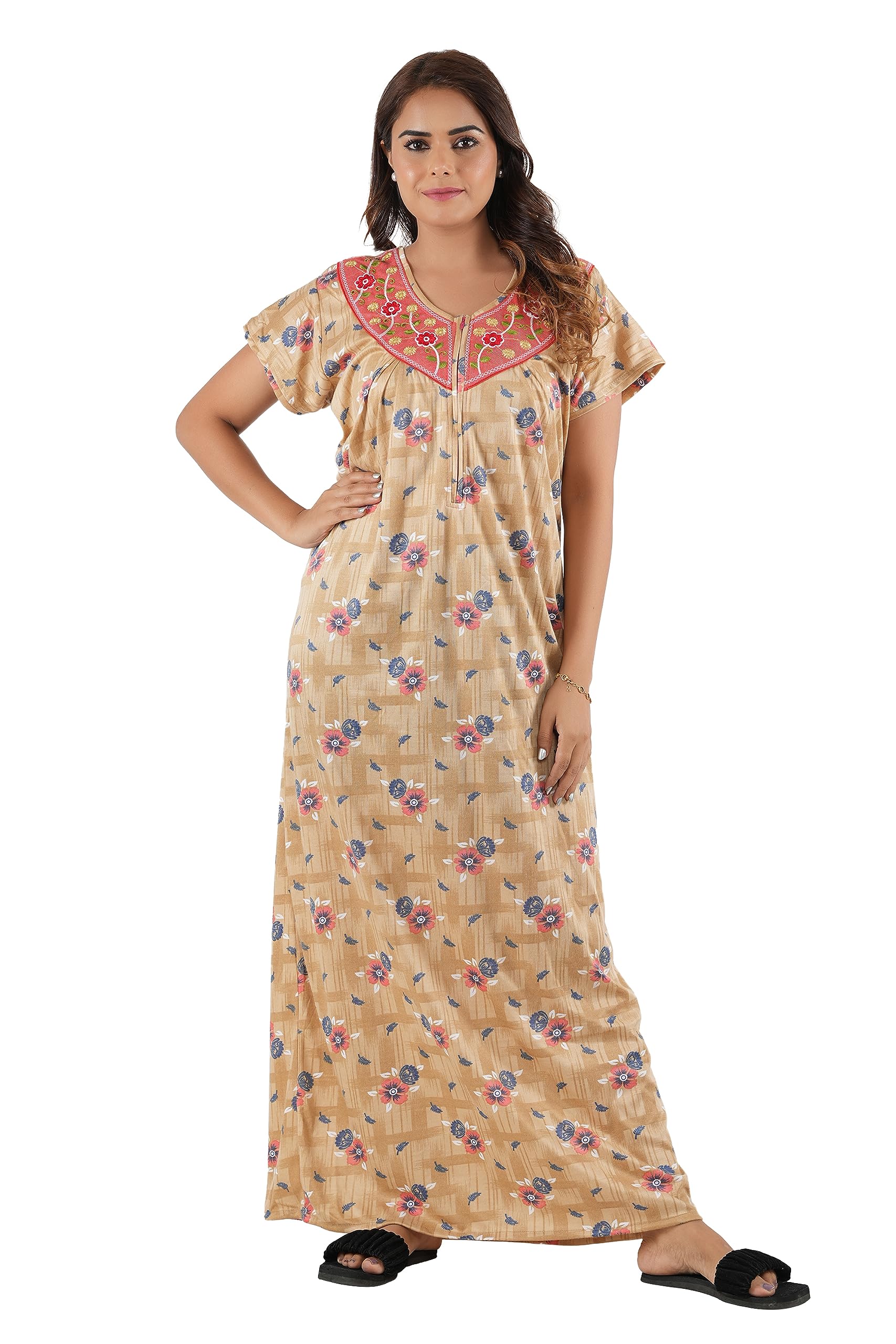 BHAVI Women's Hosiery Cotton Nighty/Nightgown/Maxi with Half Sleeves, Light Brown Floral Print (Size-XL) Article-HS-114-picture-32