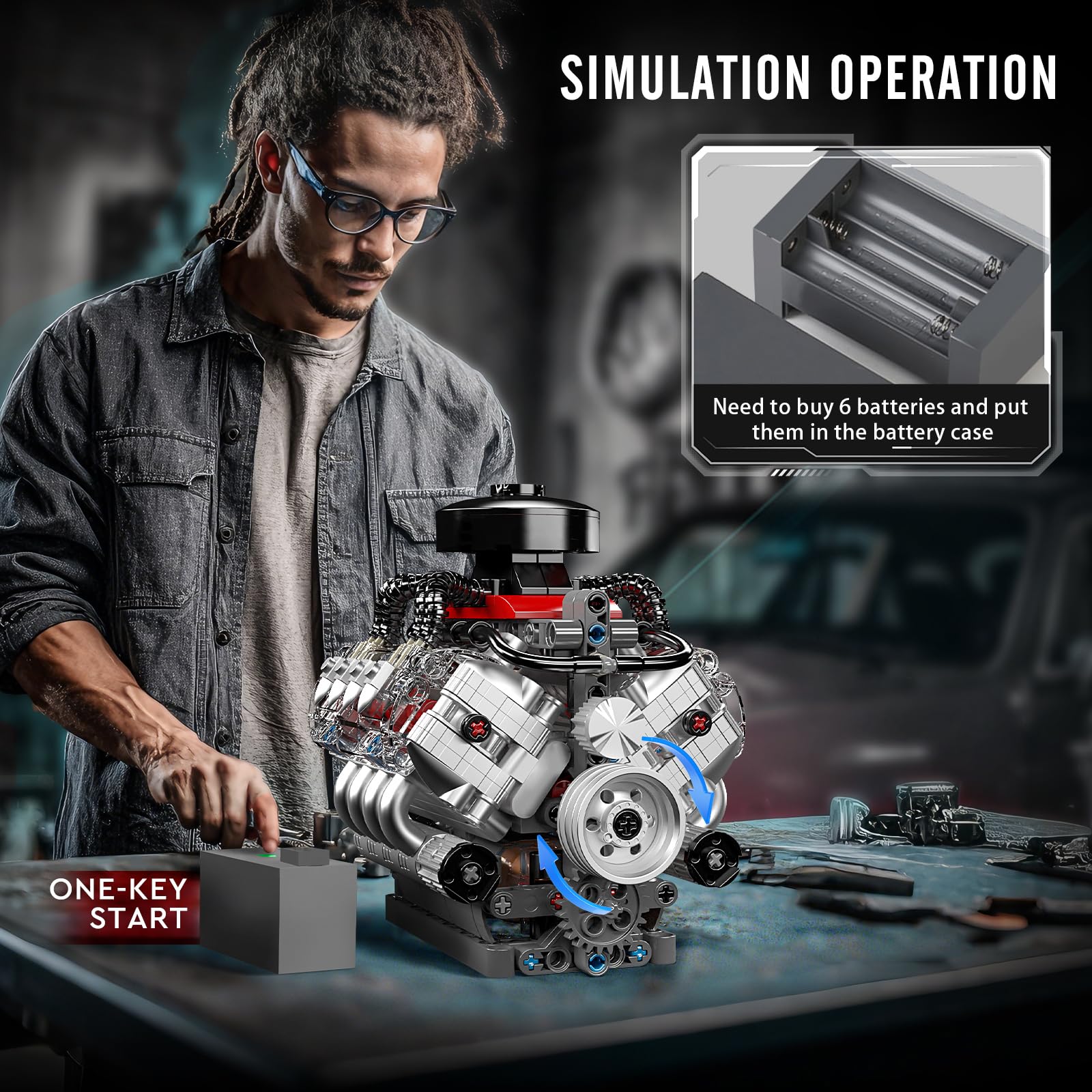 Mould King 10171 Tecnología V8 Motor Bloques de Construcción Juguete, 487 Piezas Motor Bloques de Enganche Kit de Construcción Kit de Construcción Regalo para Adultos