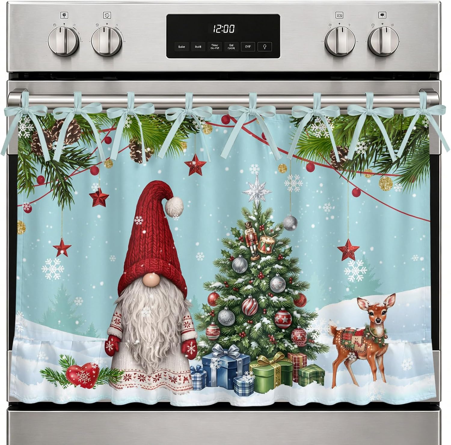 Christmas Gnome Oven Curtain with Tie Top, Winter Xmas Tree Deer Snowflake Gifts Pine Cone Star Oven Skirt Curtains with Tie Top Cabinet Cover Curtain for Small Kitchen Apartment Decor 32 x 24 Inches