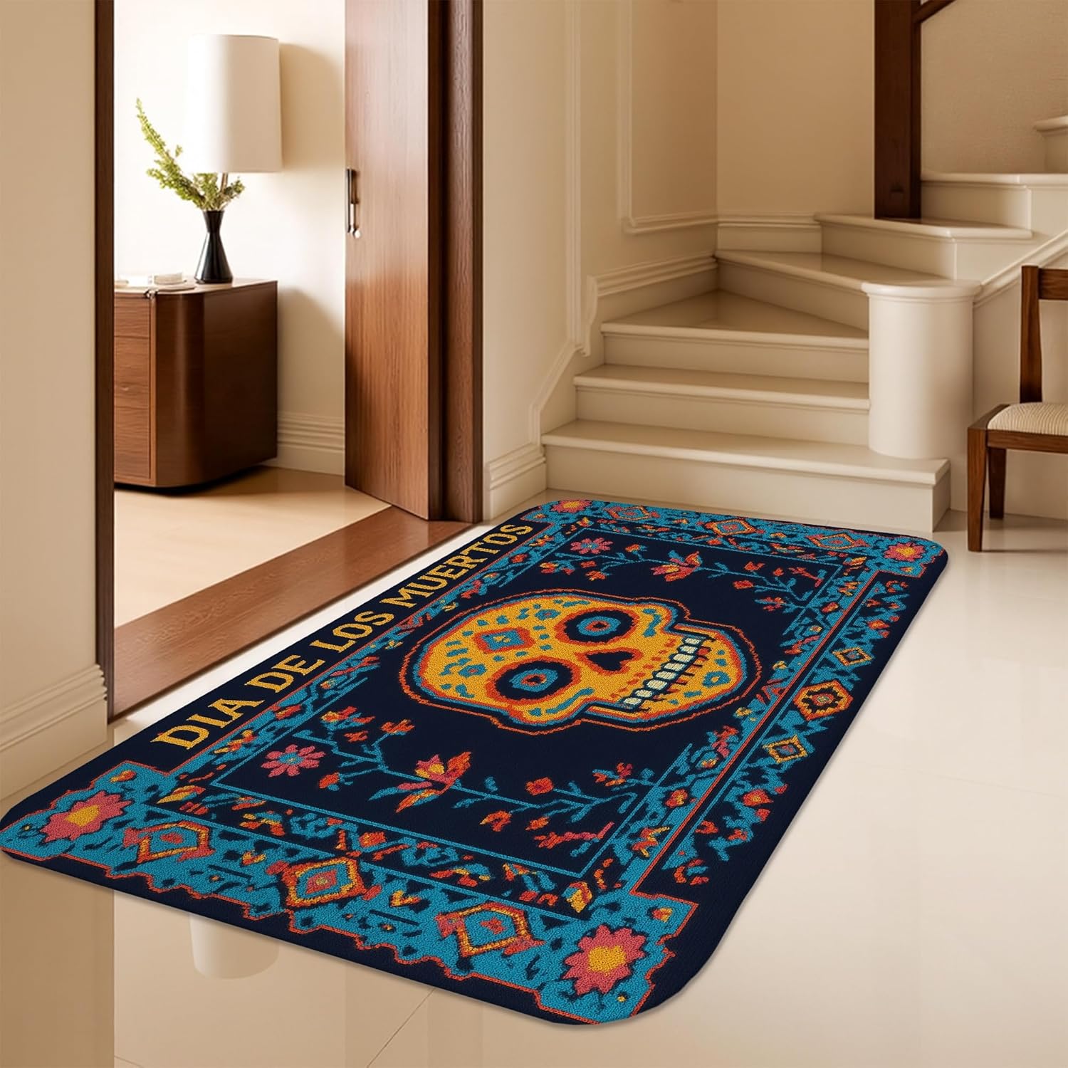 Skull Area Rug, Mexican Traditional Flowers Diamonds Day of The Dead Blue Low Pile Foam Edge Binding Doormat Throw Rug Rectangle Bathroom Entryway Bedside Doorway Decor 3' X 5'