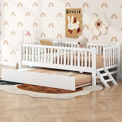 Miniatura 63 de Polibi Sofá cama de tamaño matrimonial, marcos de cama de día completo de madera con dos cajones y barandillas de seguridad para dormitorio, sala de