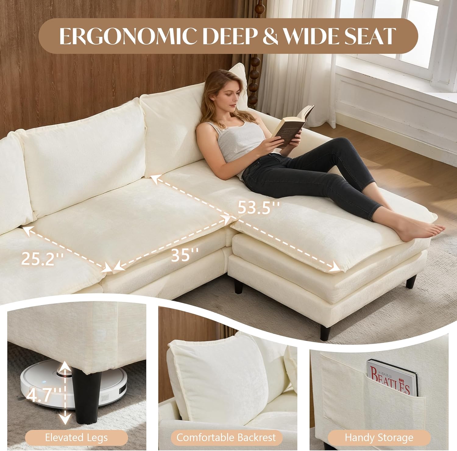 SAMERY 113" Modular Sectional Sofa Comfy Cloud Couch with Movable Ottoman Pillows, Deep Seat Chenille Modular Sofa L Shaped Cloud Sectional Couches for Living Room, Bedroom, Apartment, Beige