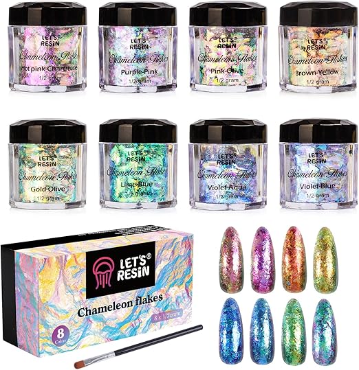 LET'S RESIN Chameleon Chunky Flakes, Resin Supplies-8 Color Intense Colorshift Pigment Powder For Resin Crafts/Tumblers, Chrome Powder Iridescent Flakes For Nail Art/Paints/Soap Making