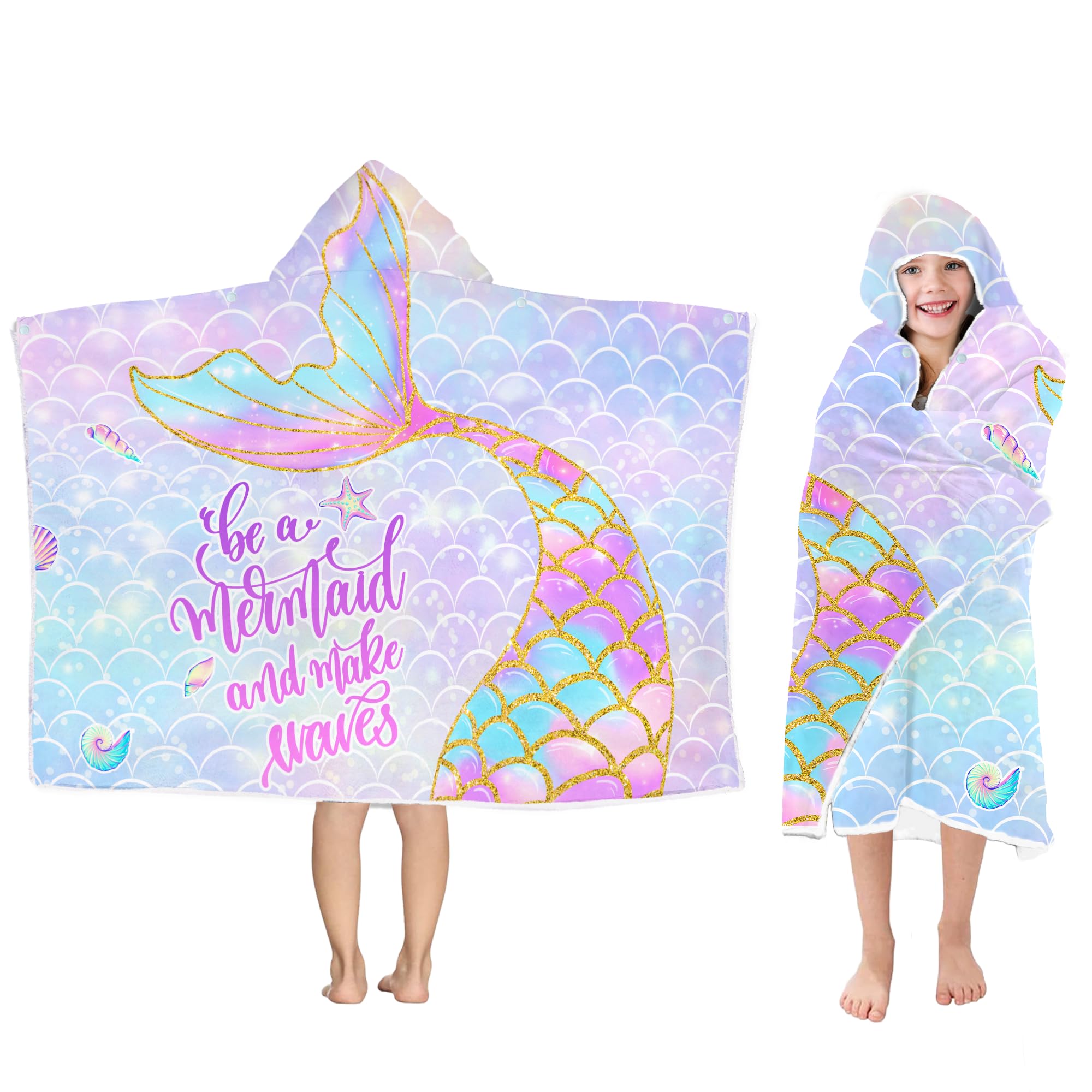 Mermaid Hooded Beach Towel for Girls - Kids Poncho Towel With Tail, Soft Absorbent Bath Towel With Hood, Pink Scales, 30"x50" - Bathrobe for Swim Pool