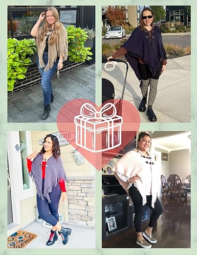 Miniatura 5 de Ferand Poncho de ajuste holgado para mujer con elegantes botones de cuerno, cuello en V y dobladillo en V