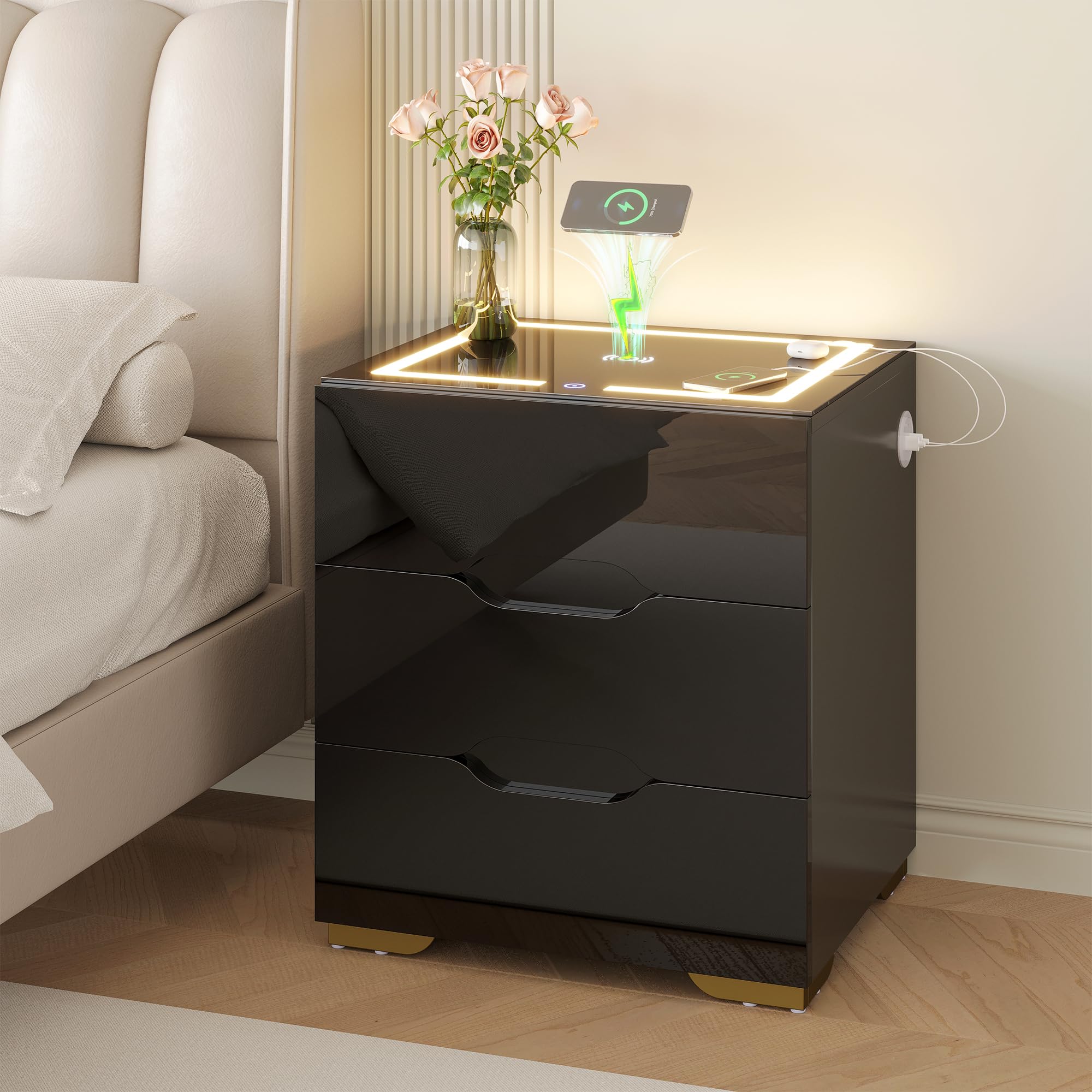 Semoic Nightstand with Wireless Charging Station and LED Lights, Smart Night Stand Bedside Table End Table with 3 Drawers & 2 USB, High Gloss Black nightstand Embedded LED Light Strip for Bedroom