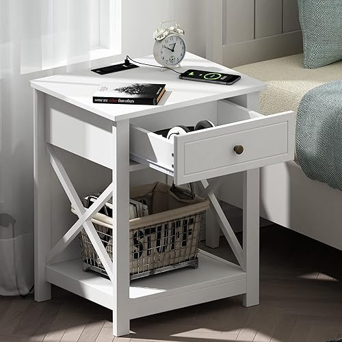 Miniatura 2 de Treocho Mesa auxiliar blanca con estación de carga, mesa auxiliar X-Design con 2 tomas de corriente alterna y USB, mesita de noche pequeña con cajón