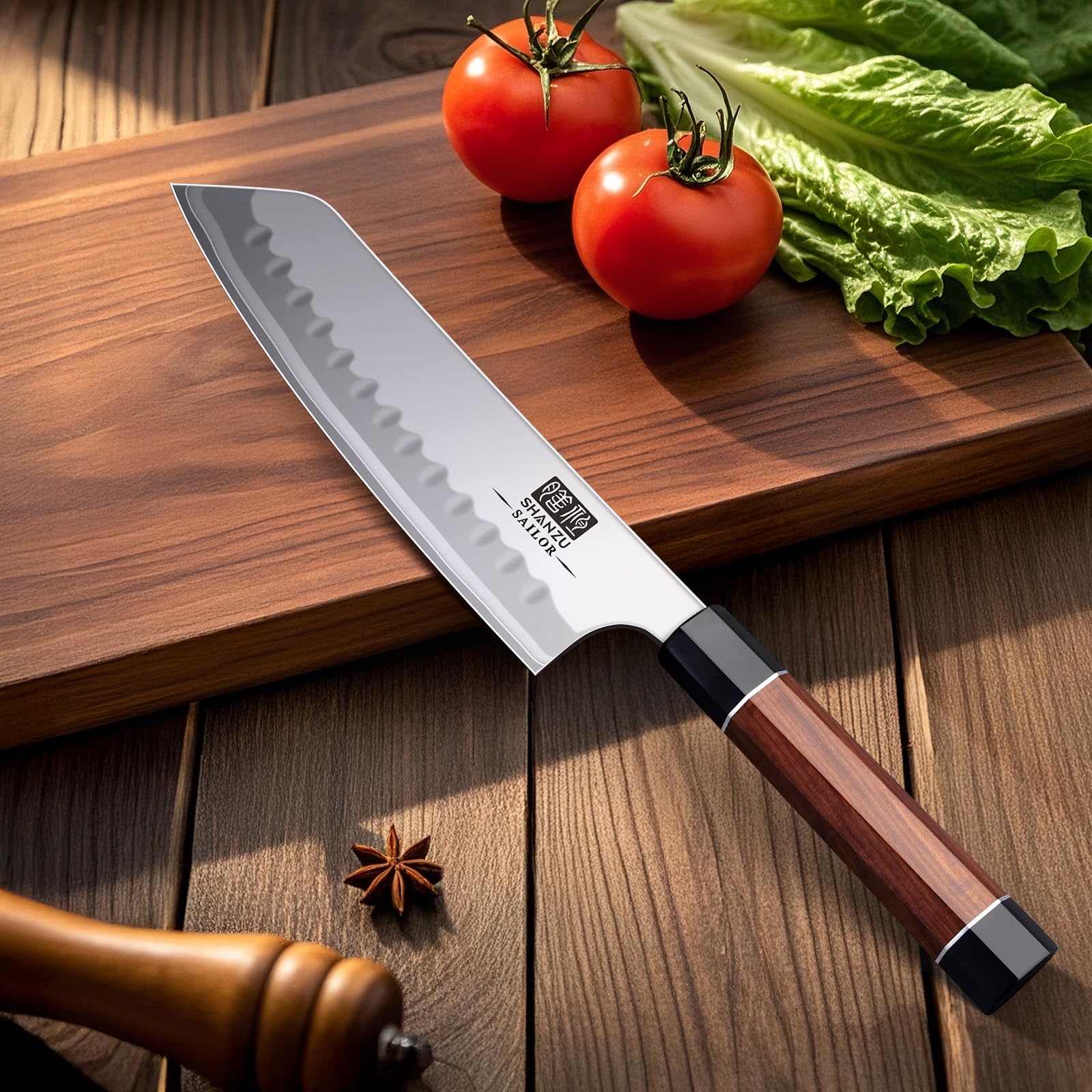 SHAN ZU 7 Inch Japanese Santoku Knife, 9 Layers 10Cr15MoV High Carbon Steel — Amazon image 6