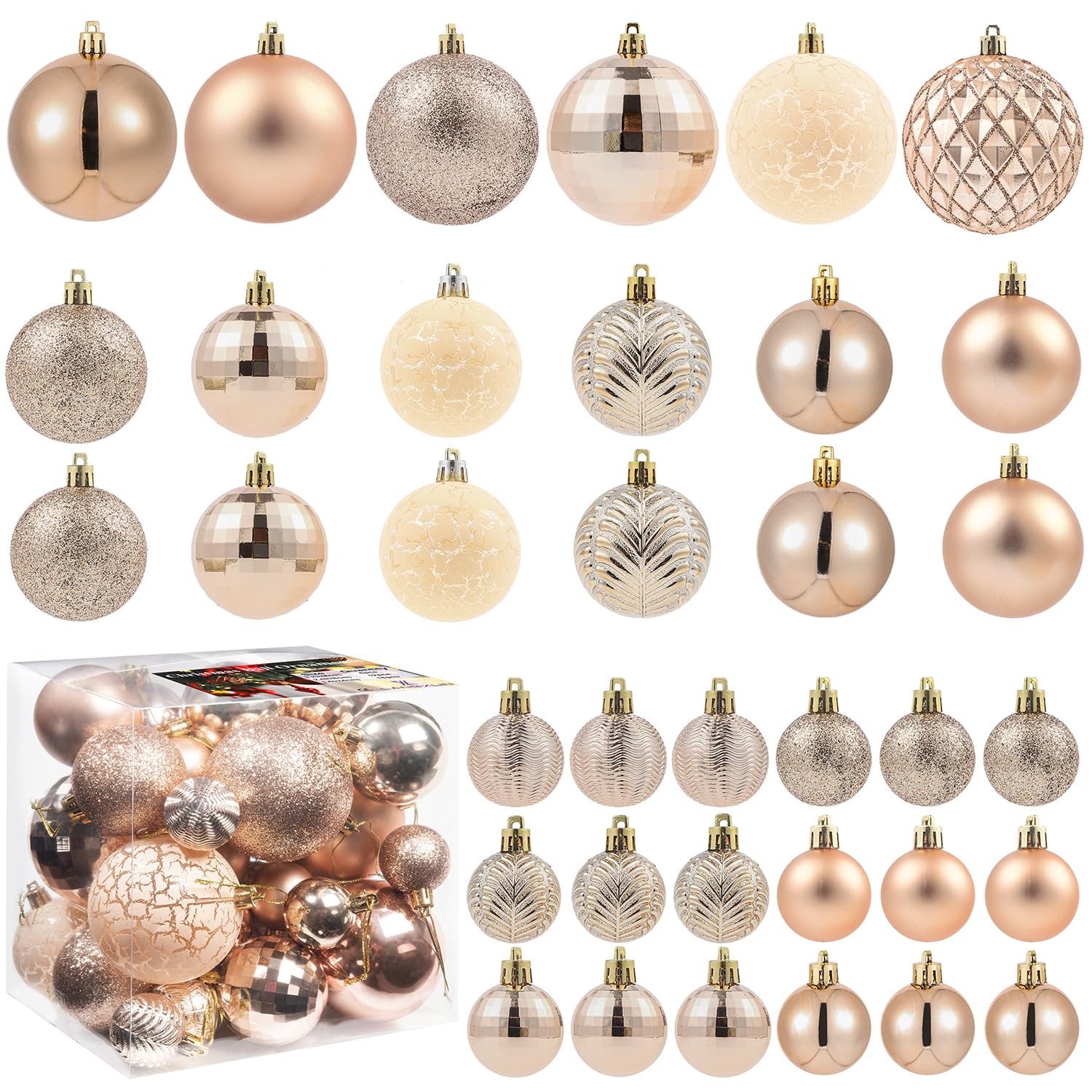 LANGXUN 36pcs Champagne Gold Christmas Tree Decorations Balls, Bolas De Navidad - 6pcs 3.2'', 12pcs 2.4'', 18pcs 1.6'' - Shatterproof Christmas Ball Ornaments, Christmas Decor, Party, Wedding