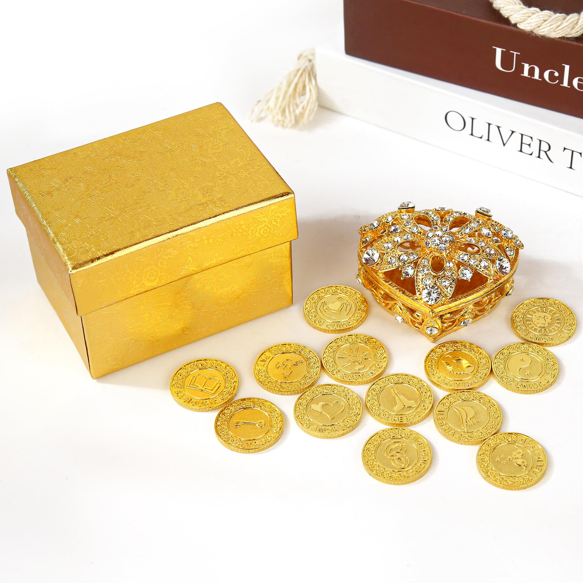 TINGKU 13 Palabras Españolas Las Arras para Boda Catolica, Conjunto de monedas de unidad de boda con caja en forma de corazón, Aras de Matrimonio-monedas de oro 5D