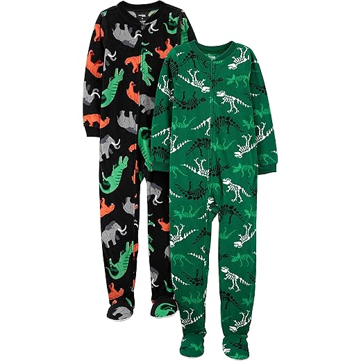 Simple Joys by Carter's Boys' Holiday Loose-Fit Flame Resistant Fleece Footed Pajamas, Pack of 2, Black Forest Animals/Dark Green Dinosaur, 7