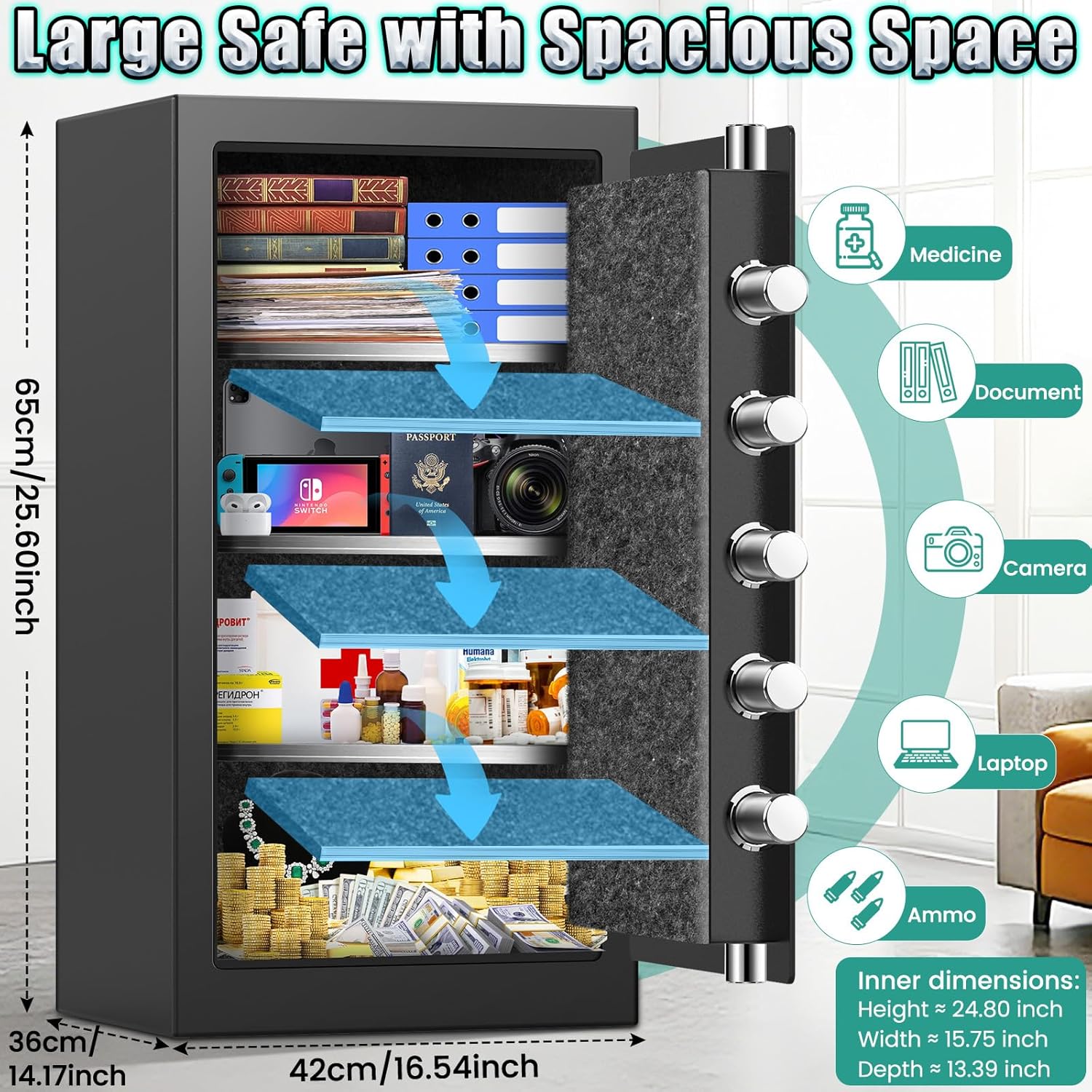6.5 Cuft Large Safe Fireproof Waterproof | 1800°F Fire Protection for 35 Mins, Security Safe Box with Combination Lock, Anti-theft Alarm and Removable Shelf, Safes for Home Use Fire and Water Proof