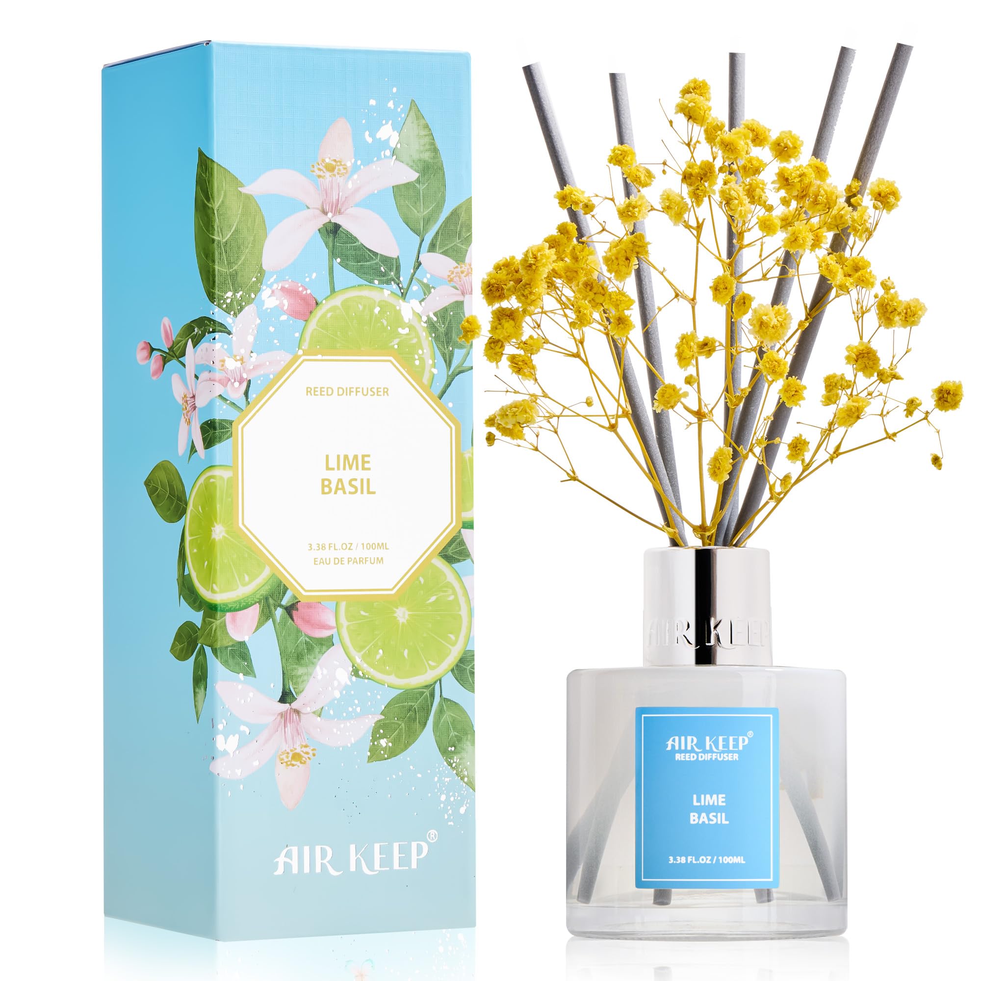 Airkeep Reed Diffuser Set,3.38 fl oz (100 ml) - Lime Basil Oil Diffusers with 8 Reed Sticks, Home Fragrance Reed Diffuser for Bathroom Shelf Decor