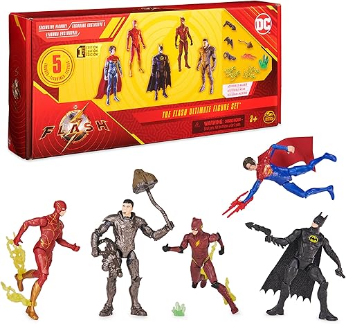 DC Comics, The Flash Ultimate - Juego de figuras (exclusivo de Tienda), 5 figuras de acción con accesorios, juguetes coleccionables de 4 pulgadas