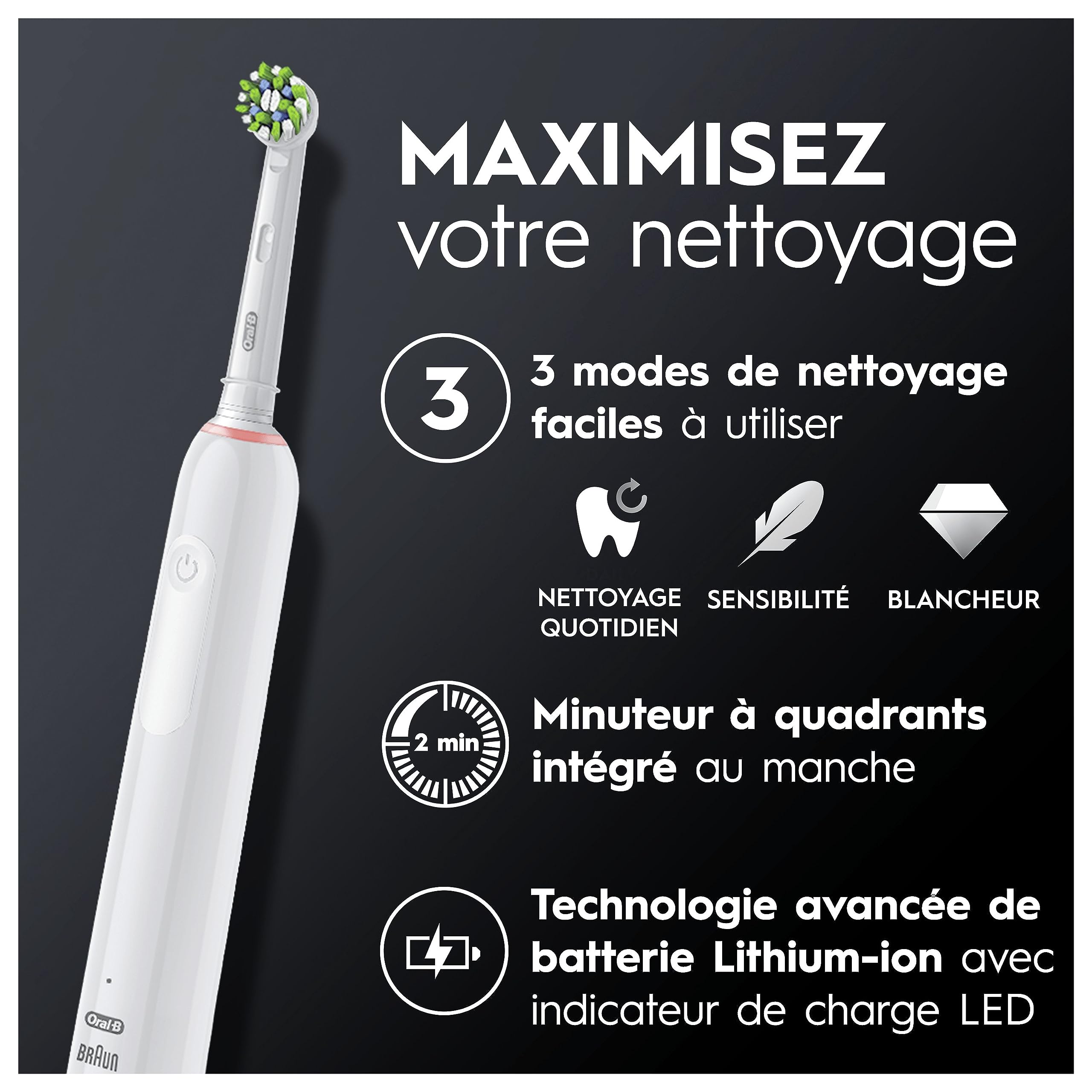 Oral-B Pro 3500 Brosse À Dents Électrique Blanche, Un Capteur De Pression Pour Protéger Les Gencives Sensibles, Des Accessoires, 1 Brossette Ronde, 1 Étui De Voyage, Conçue par Braun