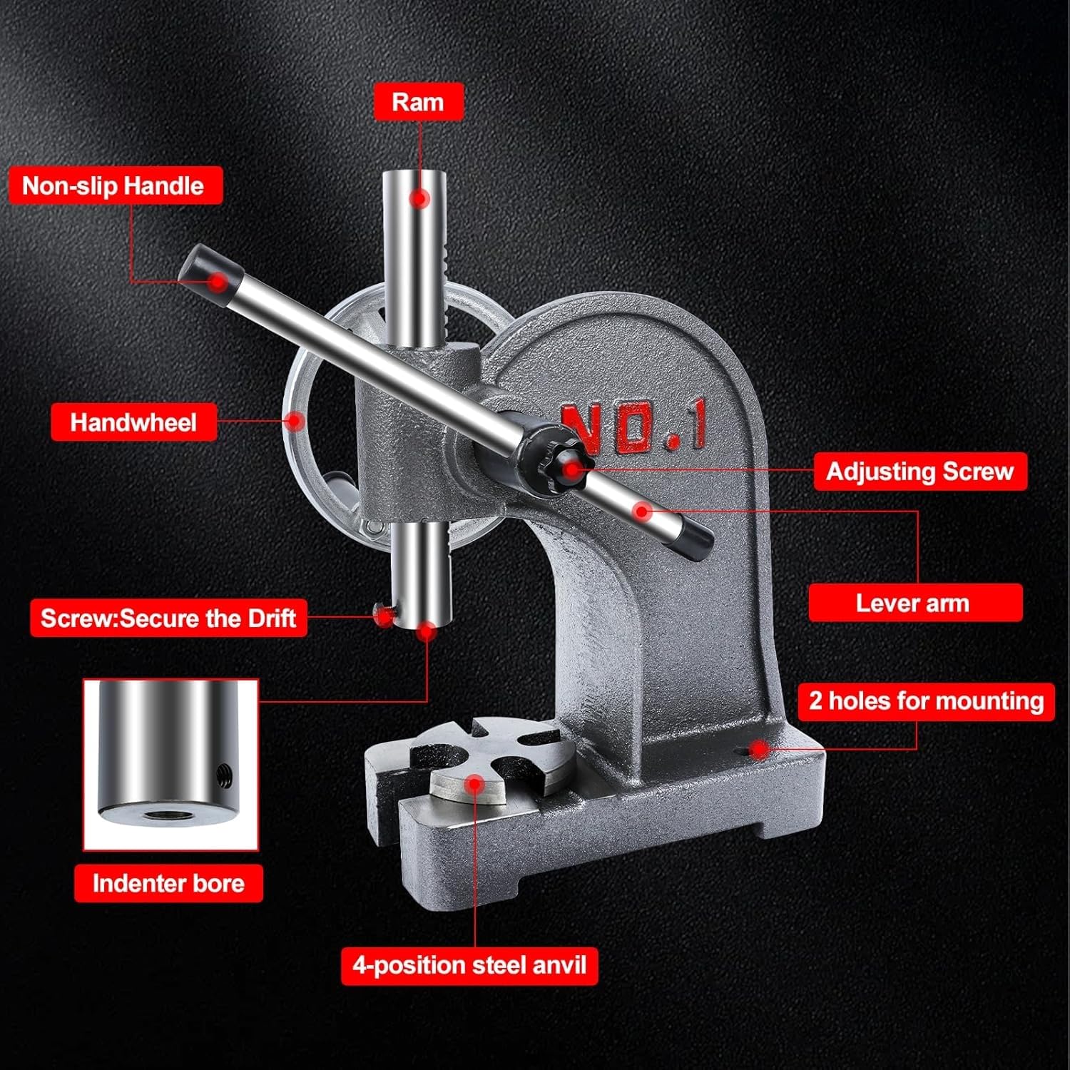 Prensa manual de eje resistente, 1 tonelada con apertura máxima de 135 mm, mesa de trabajo de 120 mm, ideal para estampar, doblar y fácil de usar como herramienta de escritorio