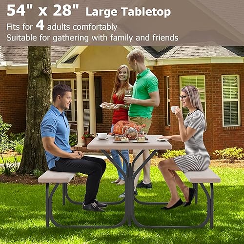 Miniatura 4 de GYMAX Mesa de pícnic, banco de picnic fácil de montar con mesa de grano de madera para todo tipo de clima y marco de metal, mesas de picnic para