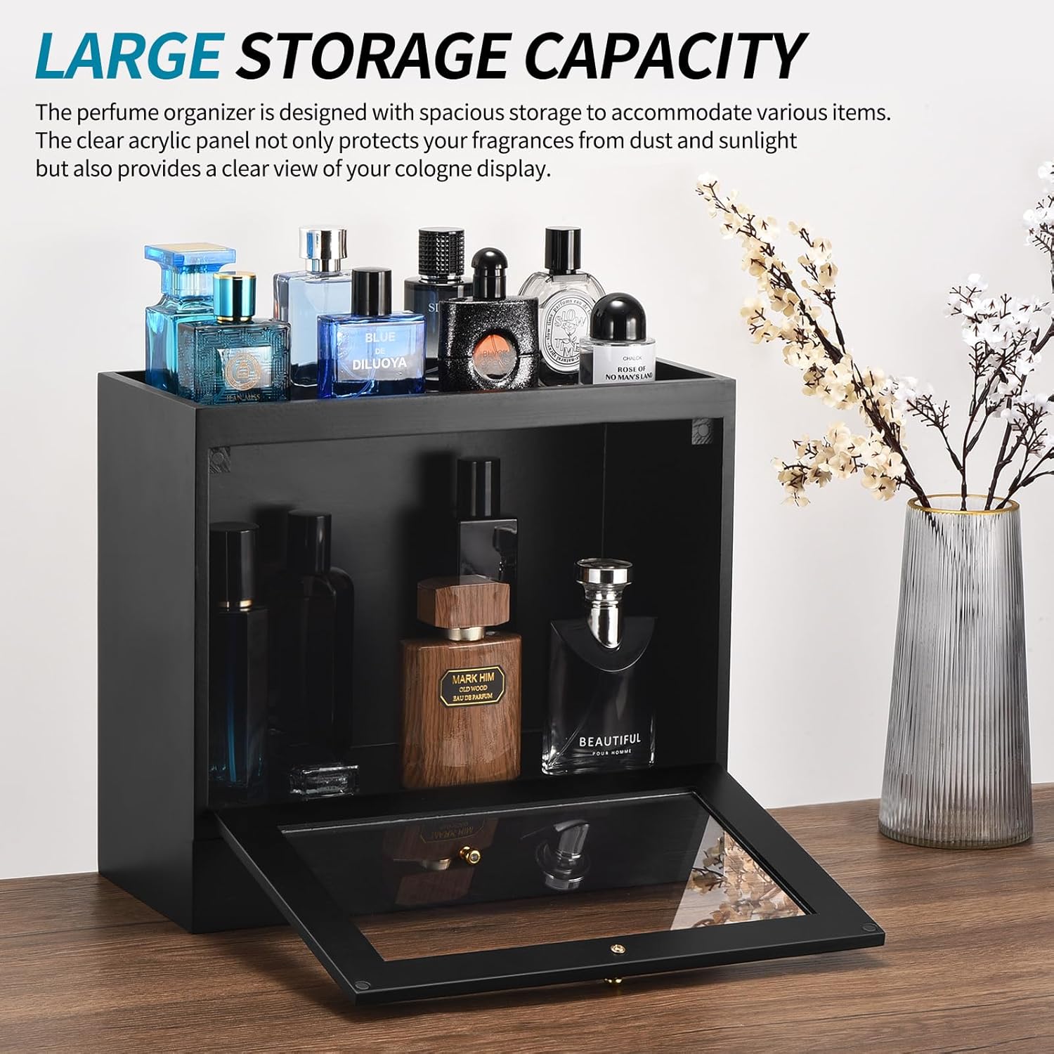 Perfume Organizer for Men, Wood Perfume Display Stand with Velvet Lining Drawer,Capacity Dustproof Perfume Holder for Watch,Jewelry,Perfume Display Risers,A Gift for Men (Black)