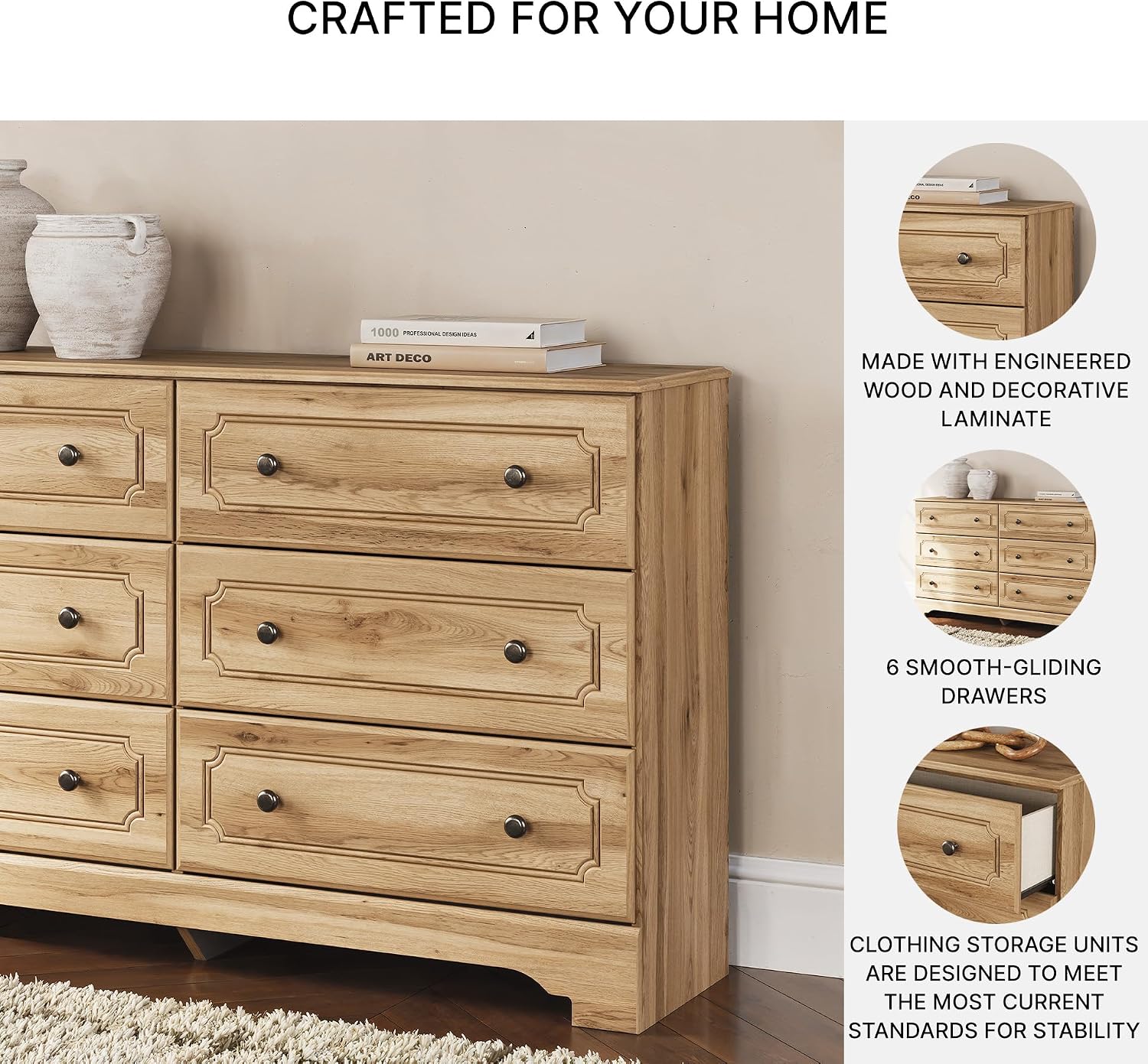 Signature Design by Ashley Bestmere Traditional 6-Drawer Dresser with Oak Finish, Light Brown