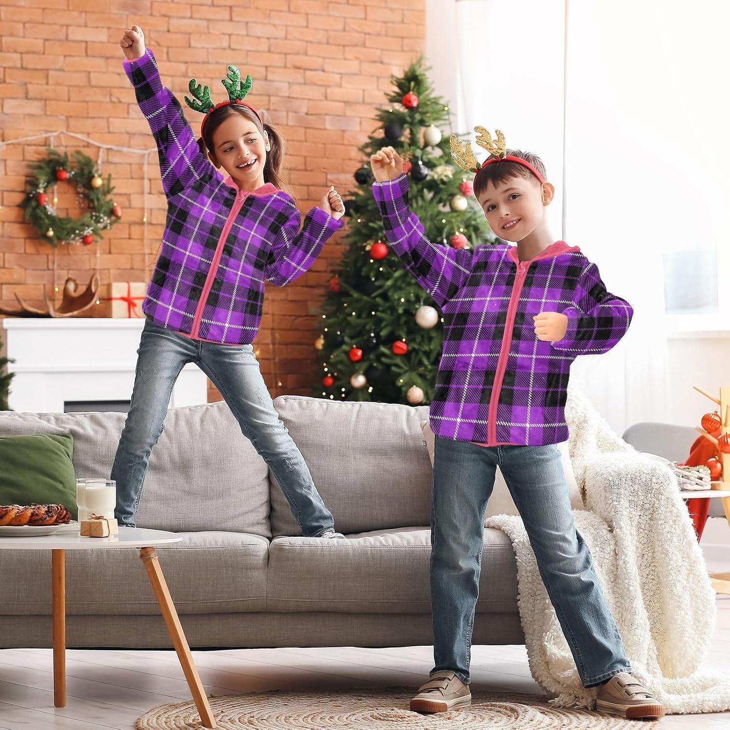 GuoChe Black Purple Plaid Toddler Fleece Jacket With Hood