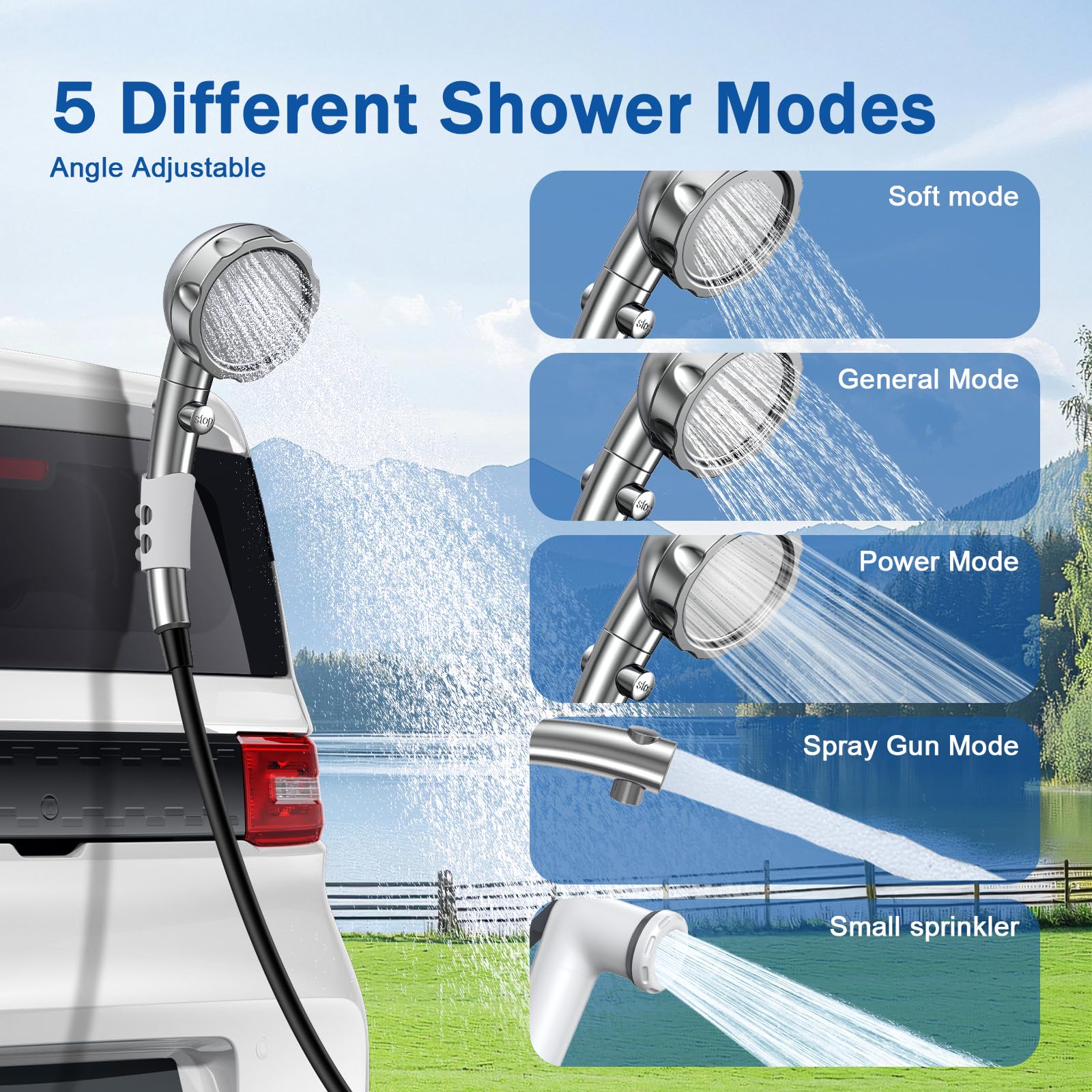 Douche Portable Camping, 9000mAh Pompe de Douche Rechargeable avec Affichage Numérique, Pommeau de Douche Réglable et Seau Pliable,Douche D'extérieur pour Camping,Randonnée,Lavage de Voiture