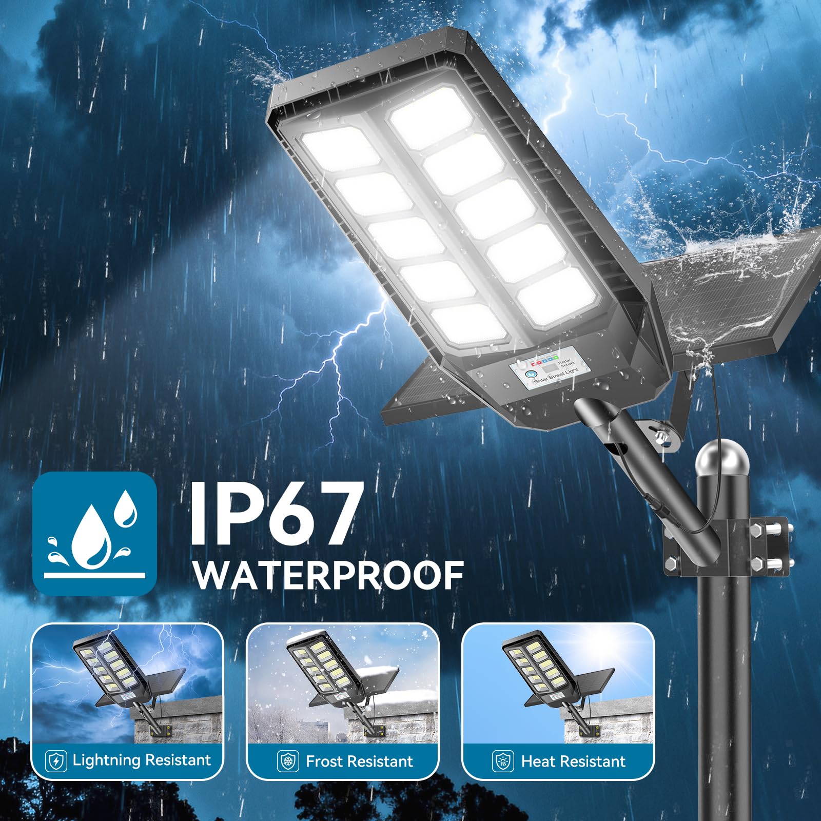Adewalk 1000W Solar Straßenlaterne mit Fernbedienung, IP66 Wasserdichte Solarlampen für Außen mit Bewegungssensor, 6500K Split Solarleuchten LED Solar Strahler Außen für Gärten Garage Straßen