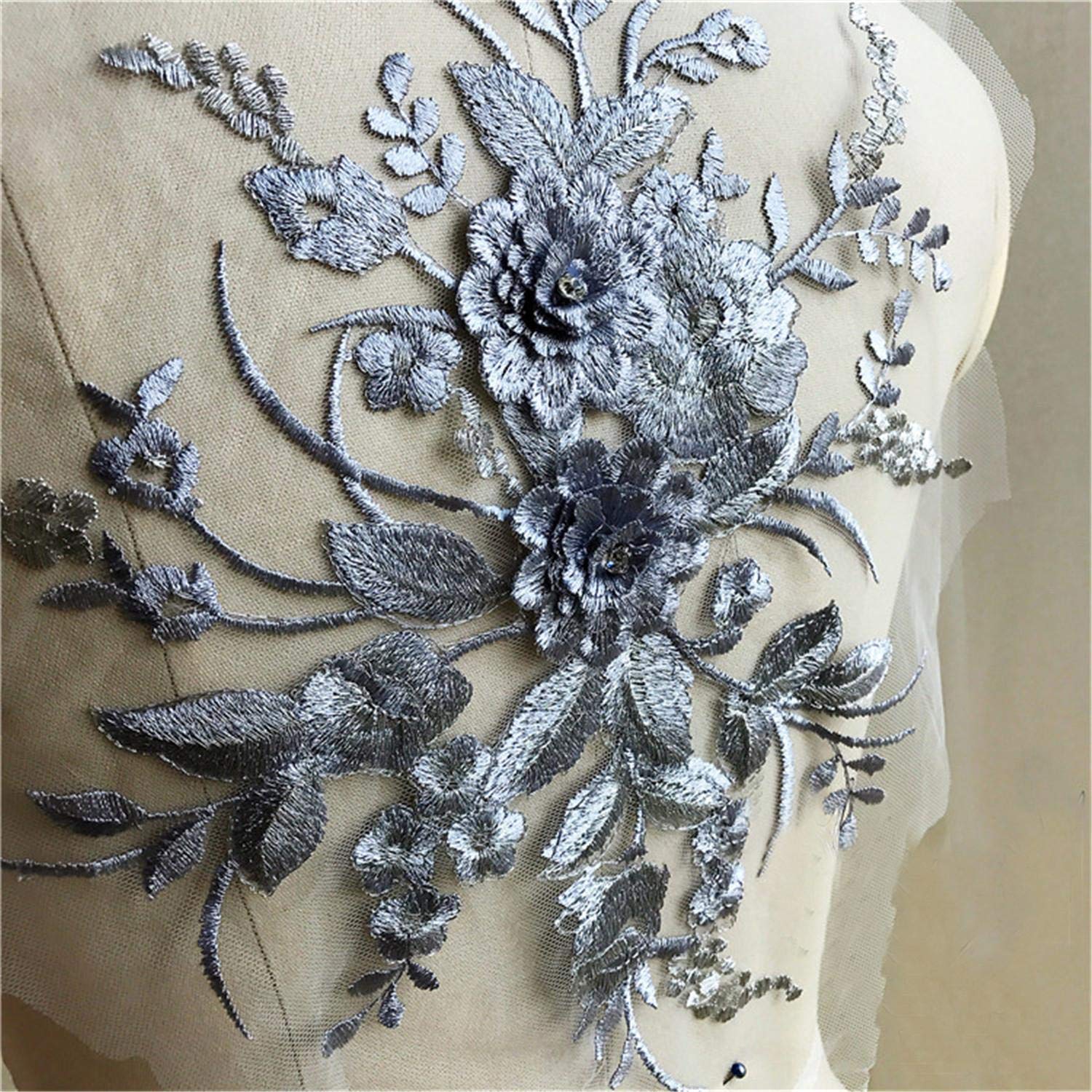 Łaty do haftu, haftowana koronkowa aplikacja motyw Rhinestone materiały 3d naszywka kwiatowa szycie na wieczorowej sukni ślubnej dla nowożeńców sprzedane(Gray)