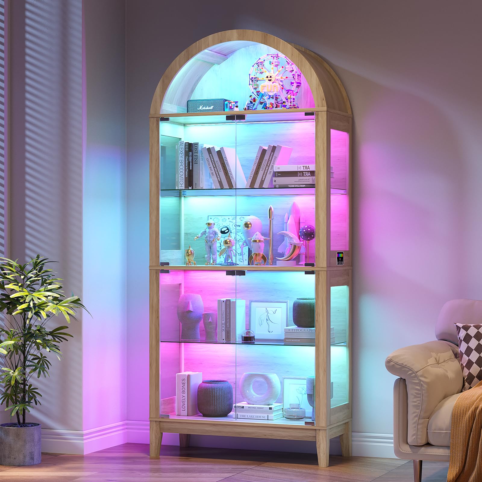 Gurexl RGB Arched Cabinet with Glass Doors and Removable shelves,Bookcase with Dynamic Colors,Floor Cabinets with Human Sensor for Collectibles,Curio,Figures,Model,Living Room,Bedroom,OAK