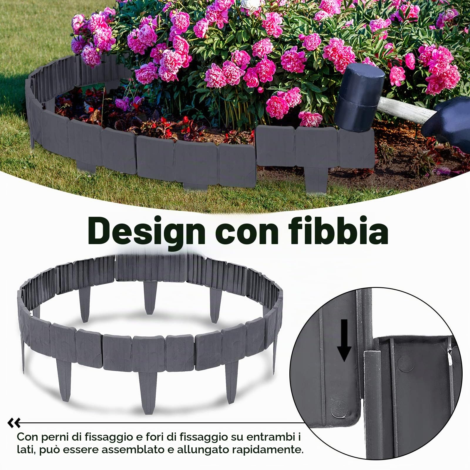 UISEBRT 30 Pezzi Bordo per Giardini Grigio 7.5m, Bordo per Prato in plastica, Effetto Pietra, Palizzata per Giardino Bordo Aiuole, Antracite