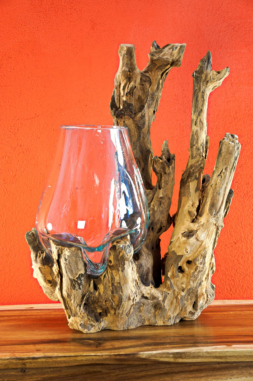 Vetro fuso su radice - ciotola di vetro su radice - legno teak con vaso di vetro o ciotola (vetro 30-50 x 35 cm)