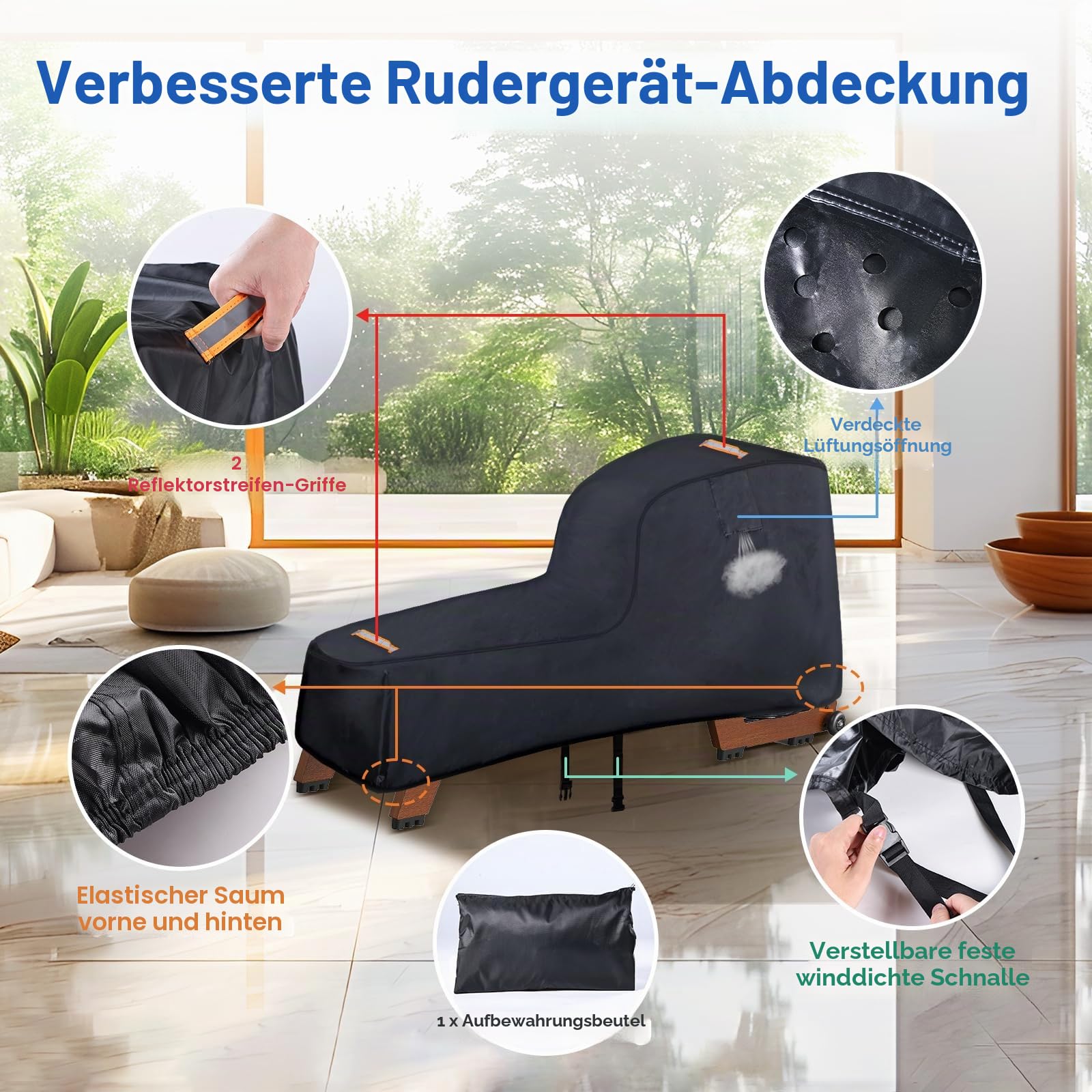 Rudergerät Abdeckung für Concept 2, robuste 420D Abdeckung, Outdoor-Schutzhülle für Fitnessgeräte, mit Wasserdichtem Streifen und Winddichter Schnalle, 2 Griffe, Zubehör für Concept Rudergerät