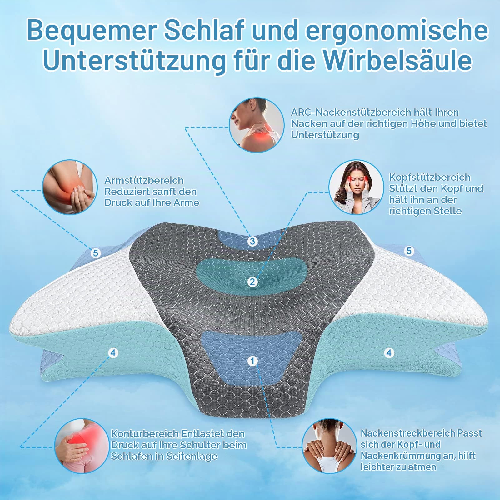 SAHEYER Nackenkissen Memory Foam Orthopädisches Kissen, Ergonomisches Kopfkissen Nackenstützkissen, Seitenschläferkissen Schlafqualität Verbessern, 60 x 35.5 x 10/13CM, Hellgrau