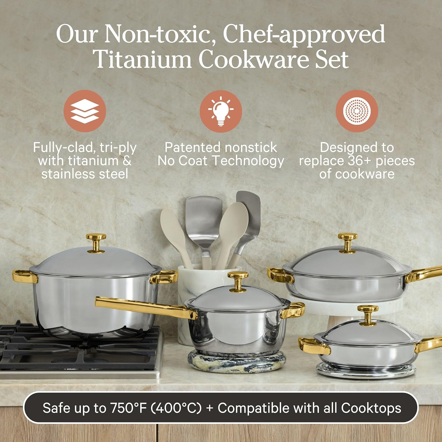 Our Place Titanium Pro Cookware Set | Standard & Mini Always Pans & Perfect Pots | Coating-Free Titanium Nonstick, Tri-Ply Stainless & Aluminum | Oven, Induction & All Cooktops up to 750°F | Gold