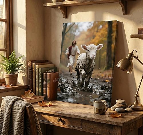 Miniatura 3 de Lienzo de Jesús corriendo tras cordero perdido, arte de pared de Jesús y cordero, póster de buen pastor cristiano, arte impreso para sala de