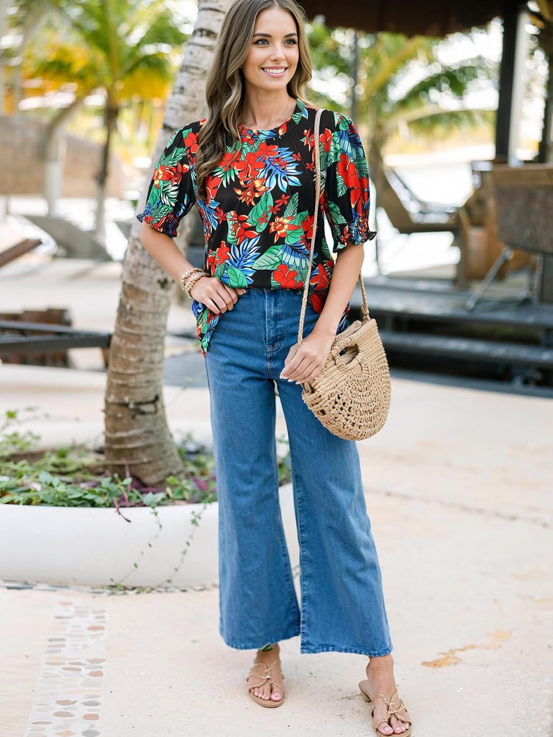 Ezcosplay Womens Hawaiian Shirt Puff Short Sleeve Tropical Print Outfits Casual Pleated Tops Summer Floral T-Shirt - Image 5