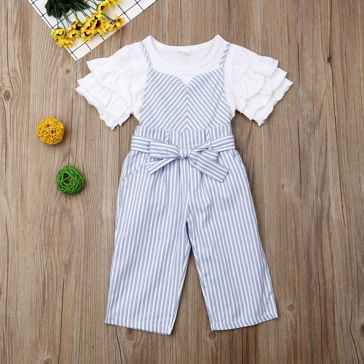 Toddler Kids Baby Girls Clothes Ruffles Short Sleeve T-Shirt Tops+ Suspender Striped Long Overall Pants 2Pcs Outfits Set(Blue,4-5 Years)
