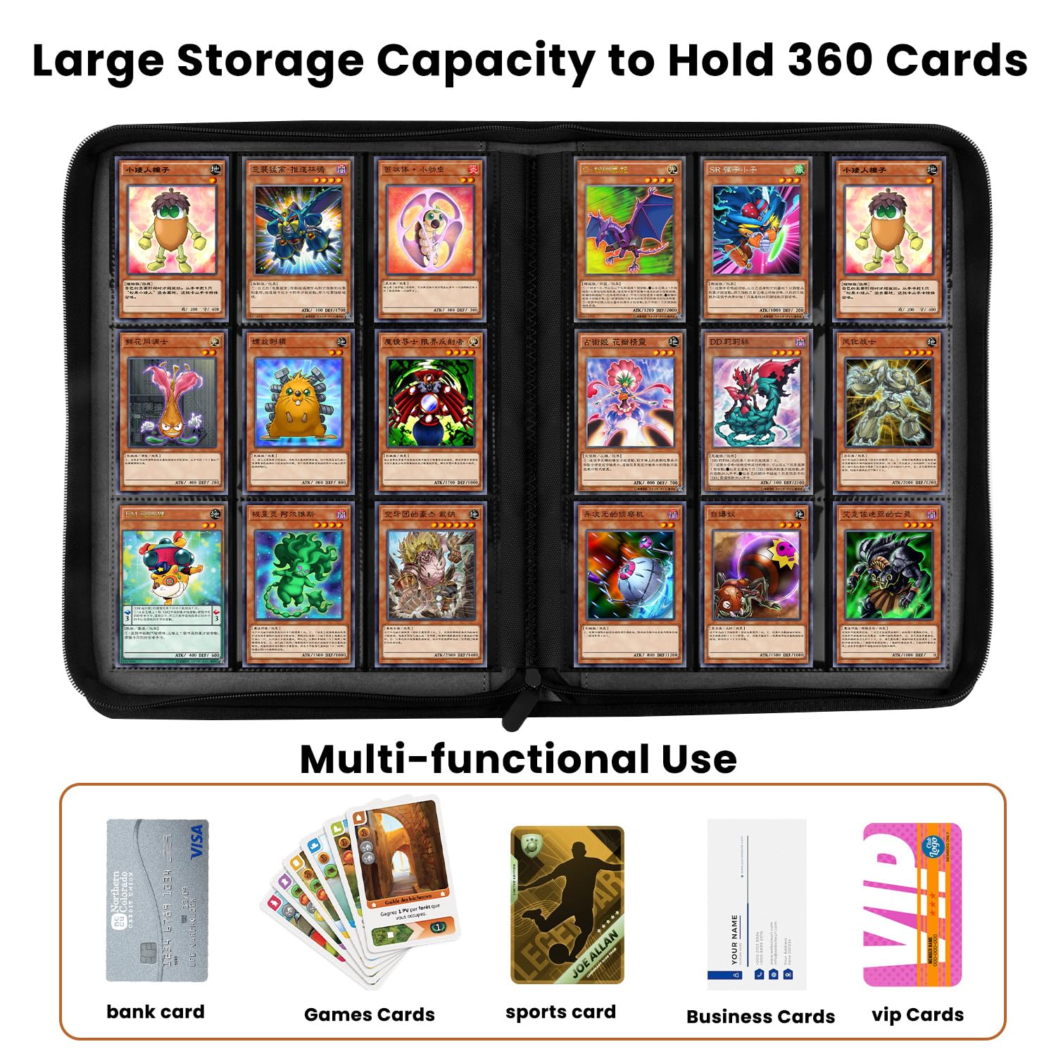 Carpeta de tarjetas de 9 bolsillos, carpeta de tarjetas coleccionables con cremallera premium, carpeta de colección de poliuretano de doble cara de 360 grados, álbum de coleccionista con diseño de