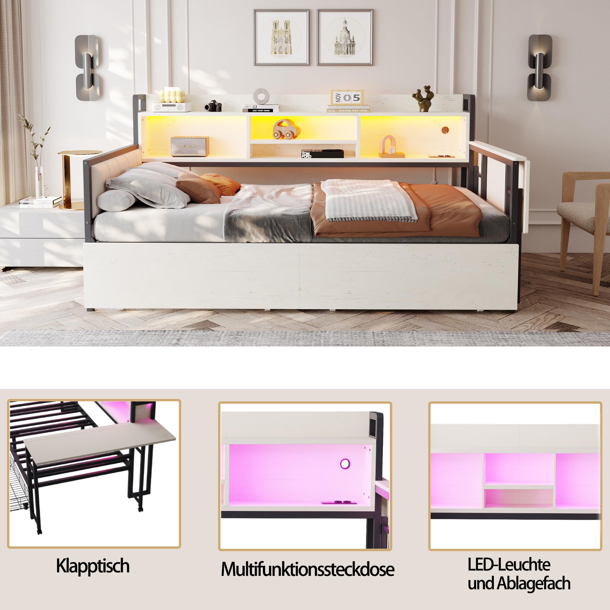 Lcoho Divano letto in ferro 90 x 200 cm, con illuminazione a LED e spazio di archiviazione, con cassetti e presa multifunzionale, scrivania pieghevole, schienale morbido, letto singolo (bianco)