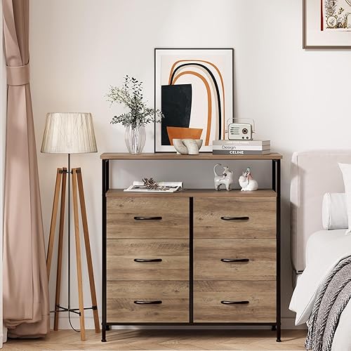 Miniatura 6 de Cómoda de tela para dormitorio con 6 cajones, soporte de TV con estantes abiertos, cómoda para armario, ropa, parte superior de madera, cajones de