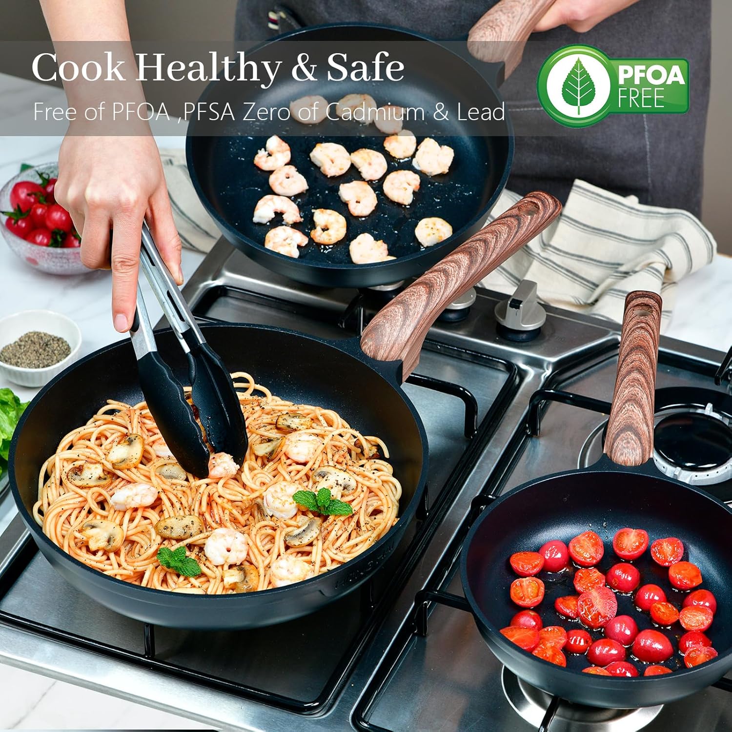 Frying Pan Set Nonstick with Lids, 3-Piece 8inch 10 inch 11inch Non Stick Skillet with 2-Piece Lids, PFOA Flat Cookware, Gas Induction Stovetops Compatible - Image 4