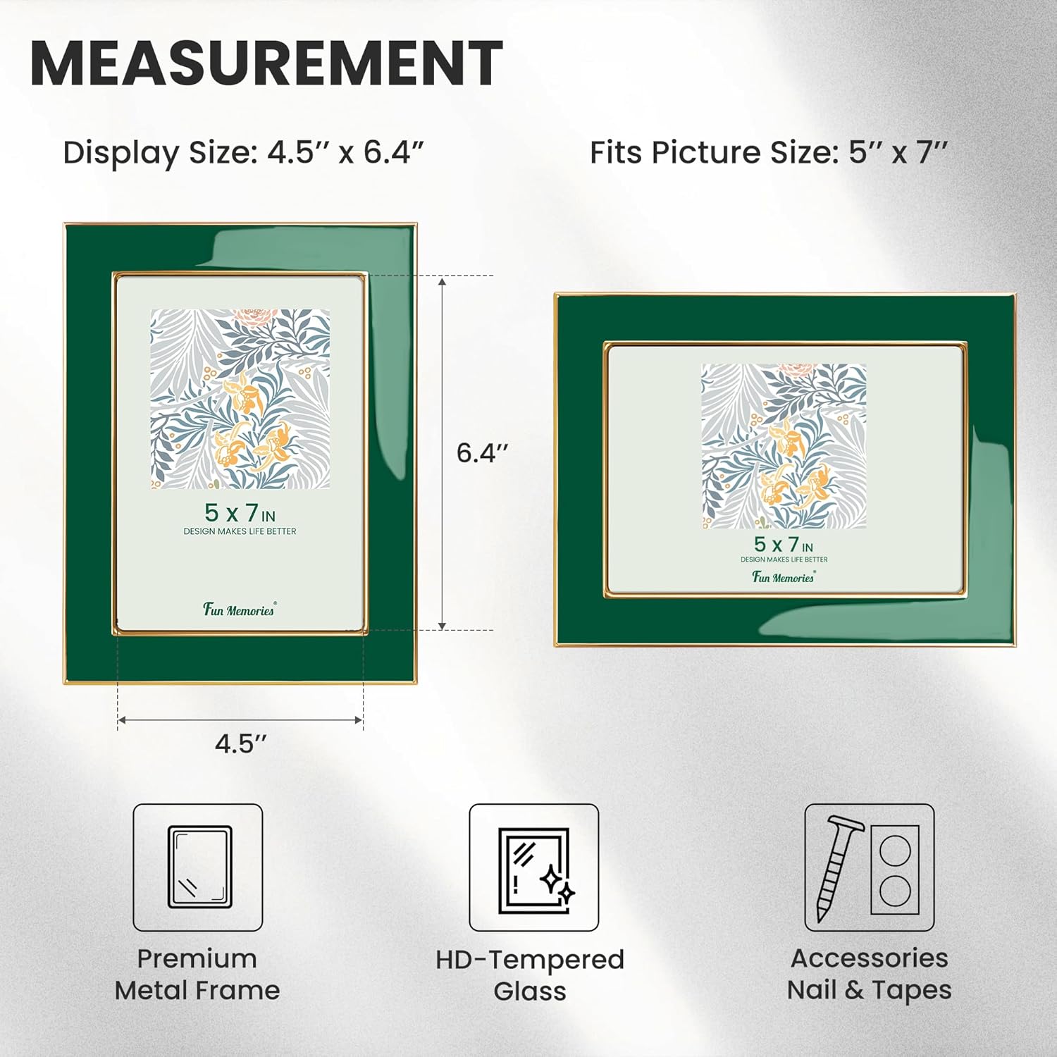 Fun Memories 5x7 Enamel Picture Frame with HD-Tempered Glass, Gold Metal Edge with Easel, Vertical & Horizontal Display, Wall and Tabletop Display Family Photo Gallery (Green Enamel,3P)