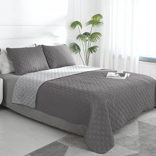 Easy-Going Reversible Full/Queen Quilt Set - Soft Microfiber Bedspread with Pillow Shams, Water & Stain Resistant Gray/Light Gray