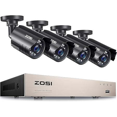 ZOSI H.265+ Home Security Camera System Outdoor Indoor, 8 Channel 5MP-Lite CCTV DVR Recorder and 4pcs Weatherproof Surveillance Bullet Camera,Night Vision,Remote Access,Motion Alerts (No HDD)