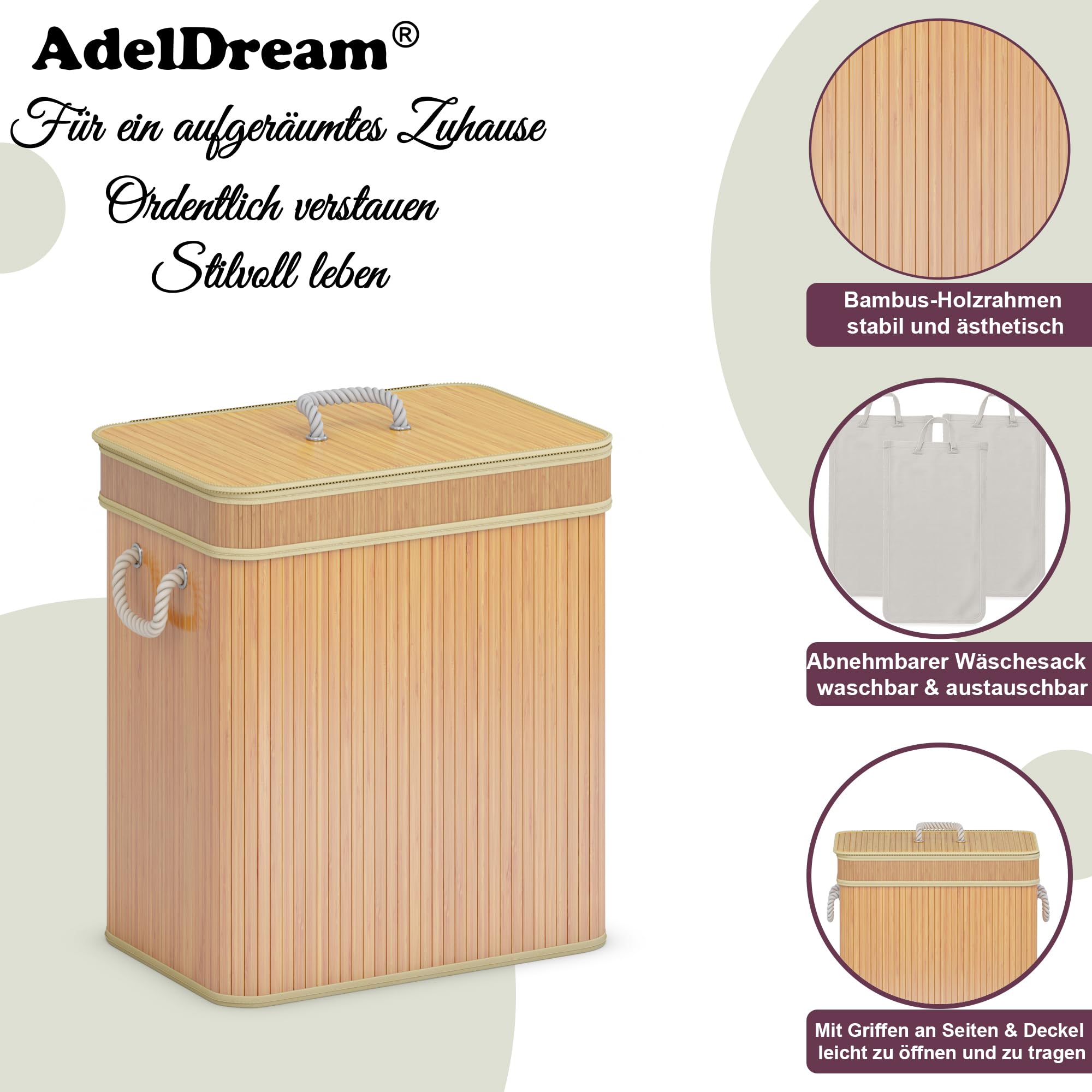 AdelDream Wäschekorb 150L, 3 Fächer Wäschesammler mit Deckel, Bambusoptik | Wäschesortierer 3 x 50L, 3 einzeln herausnehmbare Säcke, faltbar, Naturfarbe