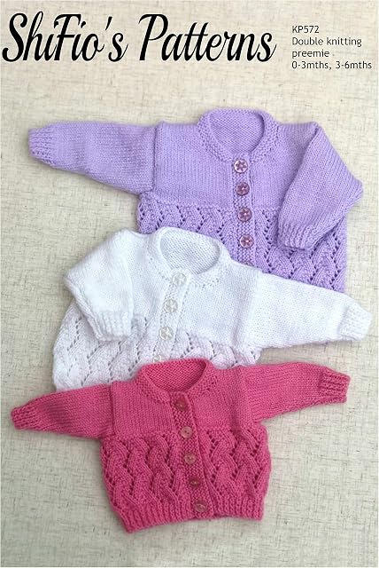 Knitting Pattern for Babies Round Neck Cardigan Preemie - (16") 41cm, 0-3mths - (18") 46cm, 3-6mths - (20") 51cm Chest, Baby Knitting Pattern, Double Knitting, KP572 White