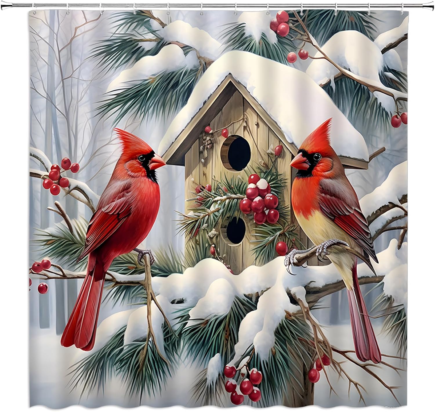 Christmas Shower Curtain Red Bird Green Pine Branches Snowy Cabin Farmhouse Retro Rustic Winter Holiday Fabric Decorative Bathroom Curtains with Hooks,Red Green White