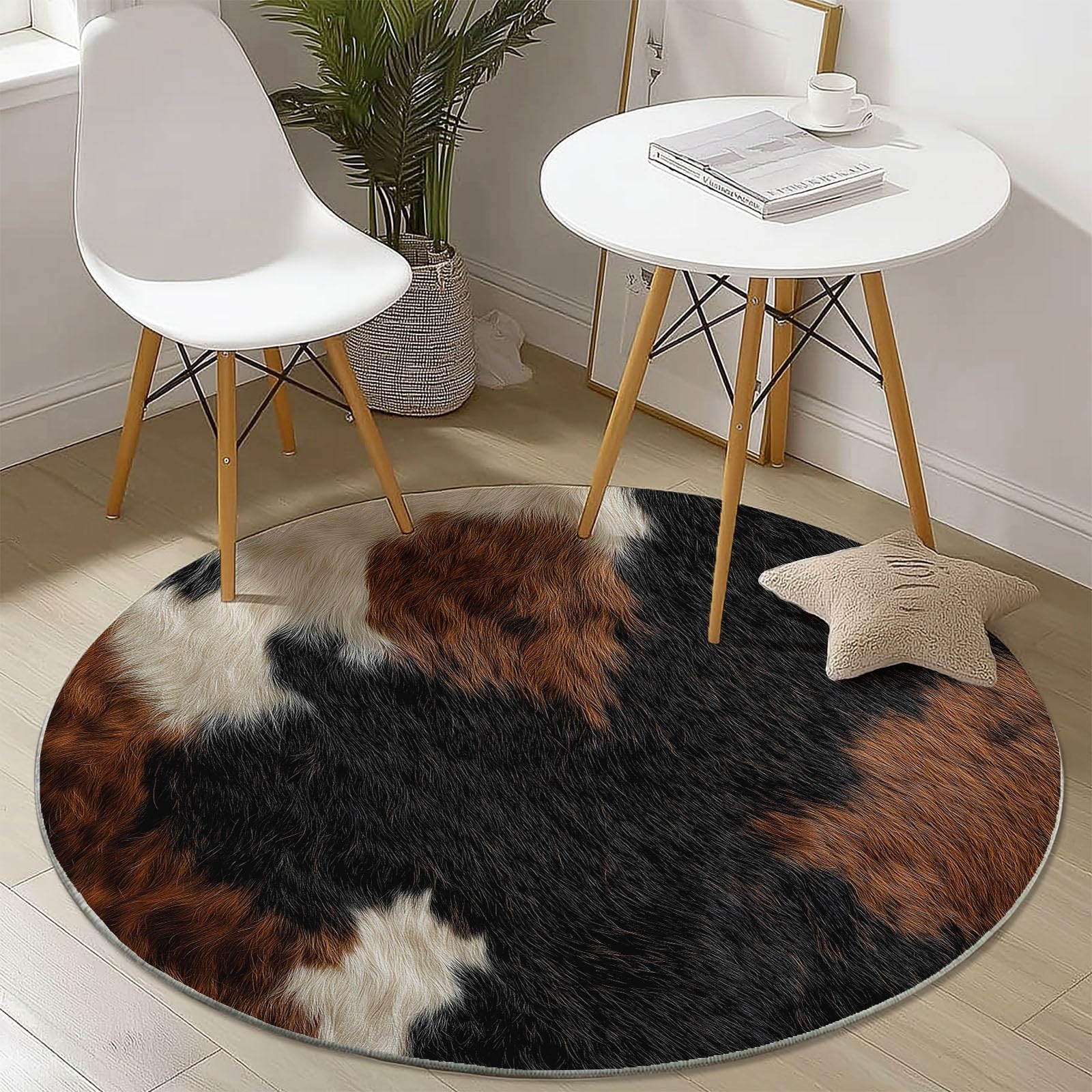 Générique Tapis Rond Lavable 120 cm – Motif Peau De Vache Texture, Tapis Rond antidérapant à Poils Ras, Noir pour Salon Chambre Cuisine Balcon Terrasse et Salle à Manger